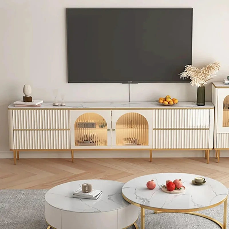 Meuble TV en MDF avec plateau en pierre frittée beige, 4 tiroirs, meuble vitrine en verre trempé et pieds en acier inoxydable – Unité simple