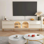 Meuble TV en MDF avec plateau en pierre frittée beige, 4 tiroirs, meuble vitrine en verre trempé et pieds en acier inoxydable – Unité simple