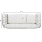 Canapé 3 places Chesterfield en similicuir blanc avec accoudoirs roulés, clous décoratifs argentés et pieds en bois