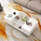 Table basse rectangulaire laquée avec éclairage LED 3 couleurs, plateau en verre trempé et 3 compartiments de rangement ouverts – Meuble individuel