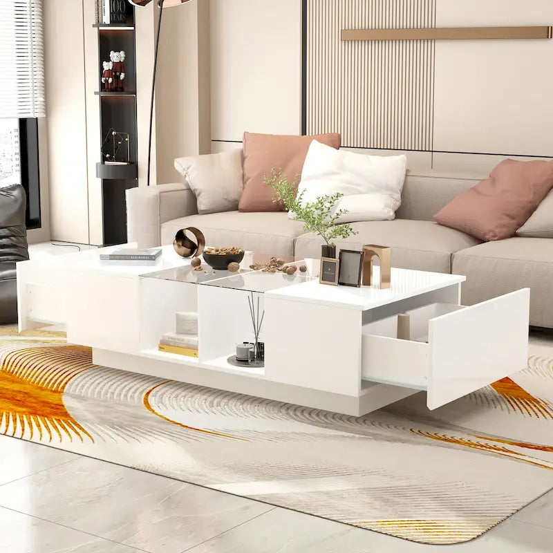 Table basse rectangulaire laquée avec éclairage LED 3 couleurs, plateau en verre trempé et 3 compartiments de rangement ouverts – Meuble individuel