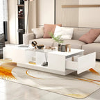 Table basse rectangulaire laquée avec éclairage LED 3 couleurs, plateau en verre trempé et 3 compartiments de rangement ouverts – Meuble individuel