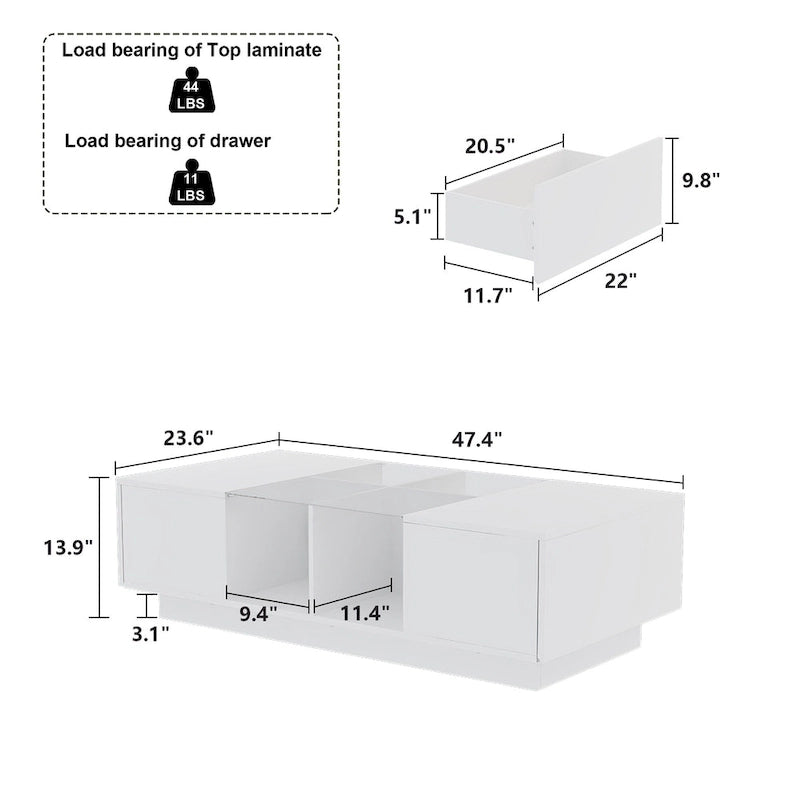 Table basse rectangulaire laquée avec éclairage LED 3 couleurs, plateau en verre trempé et 3 compartiments de rangement ouverts – Meuble individuel