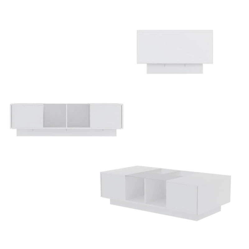 Table basse rectangulaire laquée avec éclairage LED 3 couleurs, plateau en verre trempé et 3 compartiments de rangement ouverts – Meuble individuel