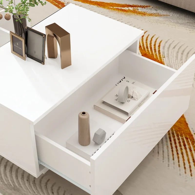 Table basse rectangulaire laquée avec éclairage LED 3 couleurs, plateau en verre trempé et 3 compartiments de rangement ouverts – Meuble individuel