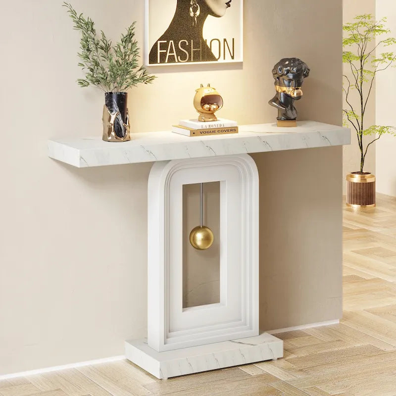 Table console étroite moderne en faux marbre blanc et noyer avec base géométrique dorée – Unité simple