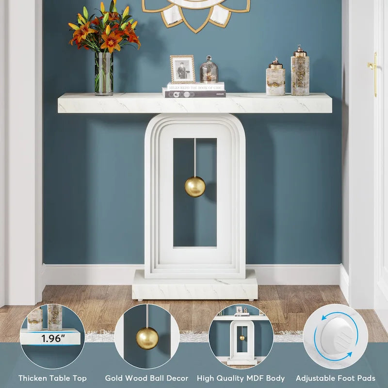 Table console étroite moderne en faux marbre blanc et noyer avec base géométrique dorée – Unité simple