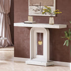 Table console étroite moderne en faux marbre blanc et noyer avec base géométrique dorée – Unité simple