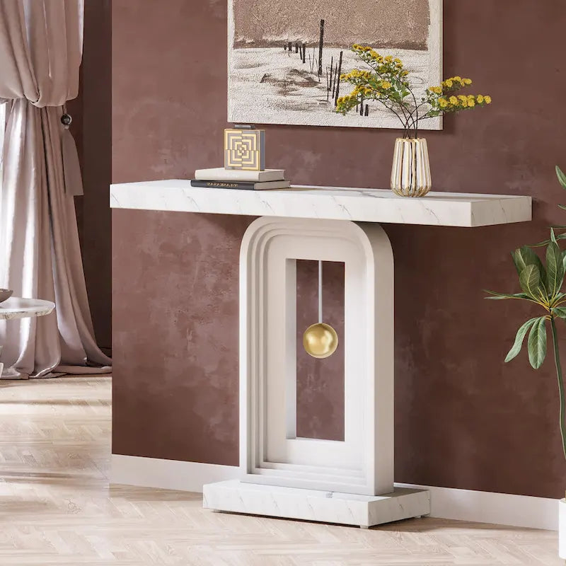 Table console étroite moderne en faux marbre blanc et noyer avec base géométrique dorée – Unité simple
