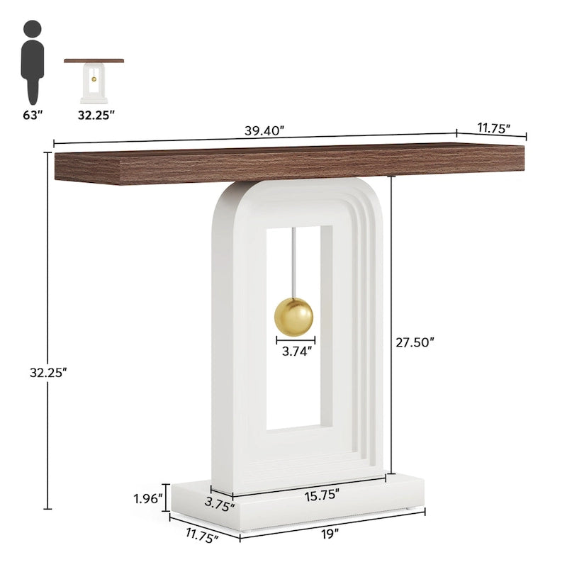 Table console étroite moderne en faux marbre blanc et noyer avec base géométrique dorée – Unité simple