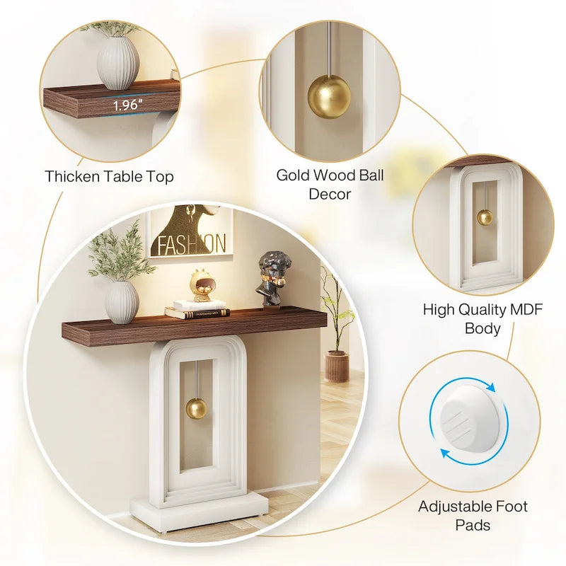 Table console étroite moderne en faux marbre blanc et noyer avec base géométrique dorée – Unité simple