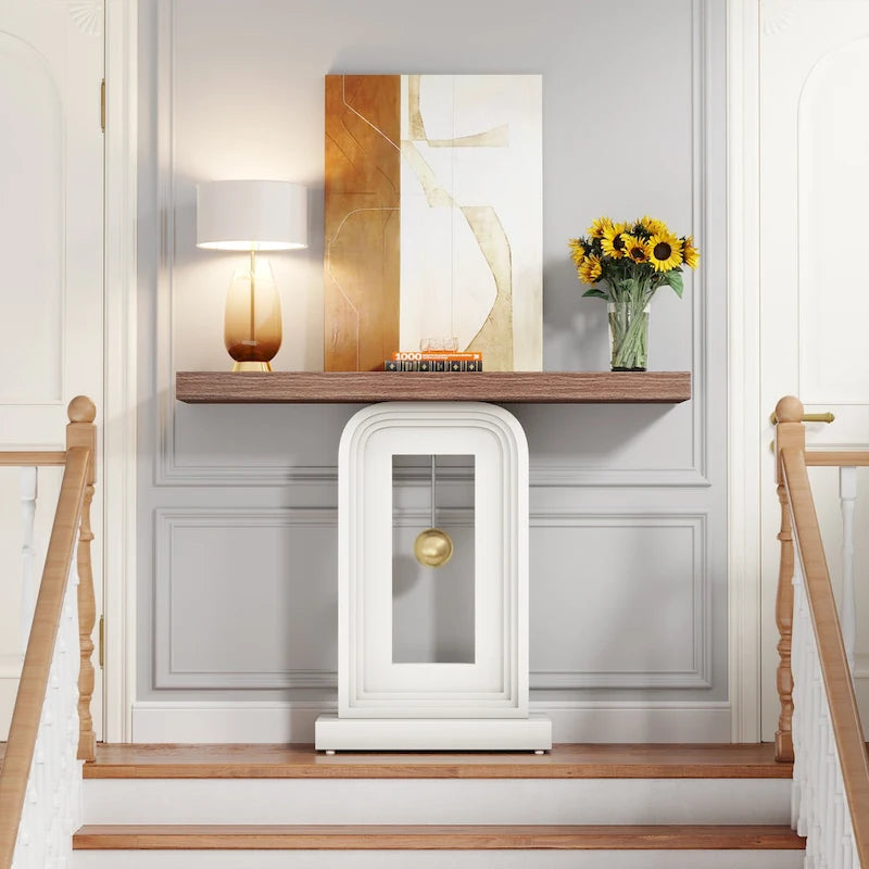 Table console étroite moderne en faux marbre blanc et noyer avec base géométrique dorée – Unité simple