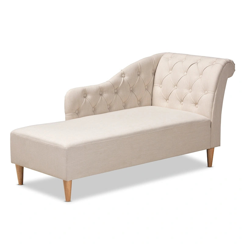Chaise longue à dossier volute capitonné en tissu de polyester beige/gris, avec cadre en bois finition chêne – Une place