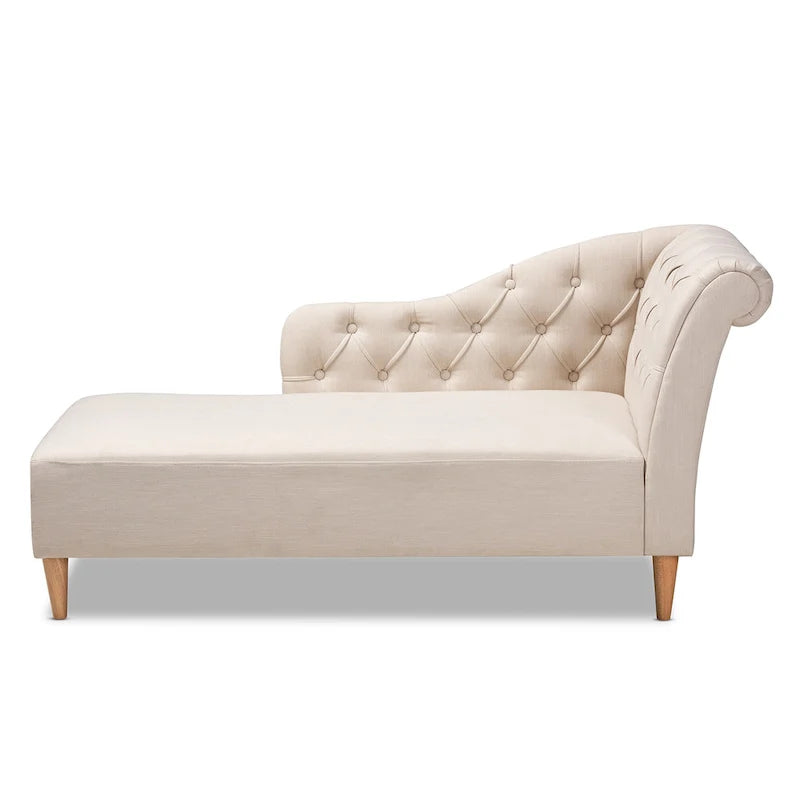 Chaise longue à dossier volute capitonné en tissu de polyester beige/gris, avec cadre en bois finition chêne – Une place
