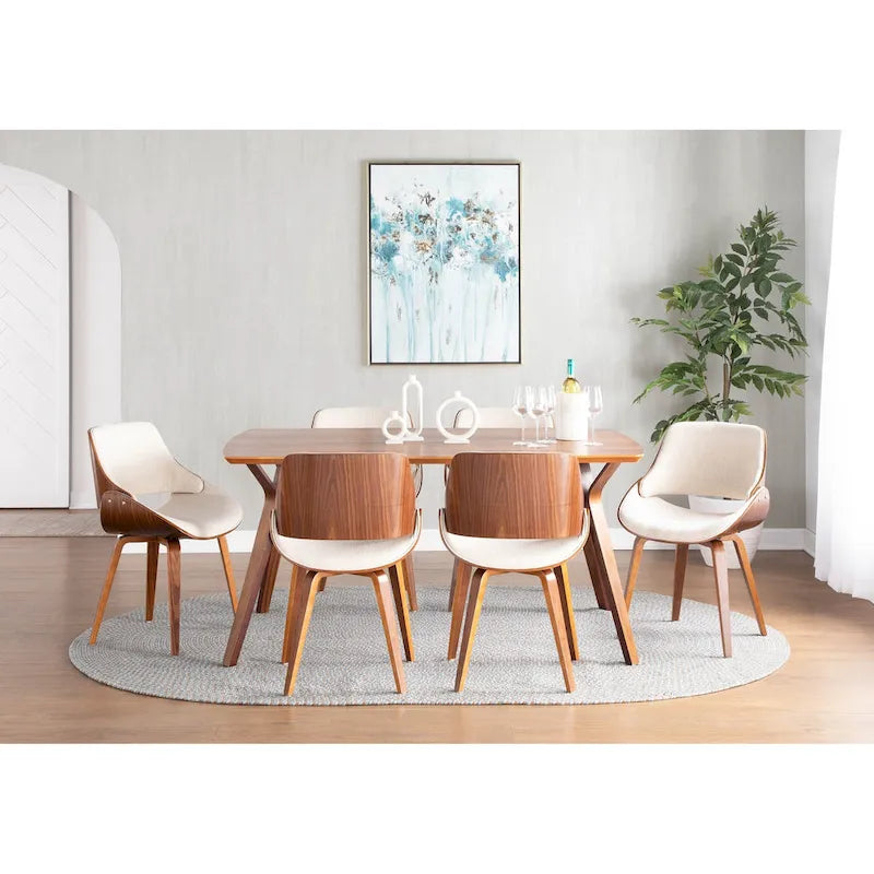 Chaise de salle à manger Mid-Century Modern rembourrée, gris/bleu/crème, avec dossier en bois courbé et pieds finition noyer – Siège unique