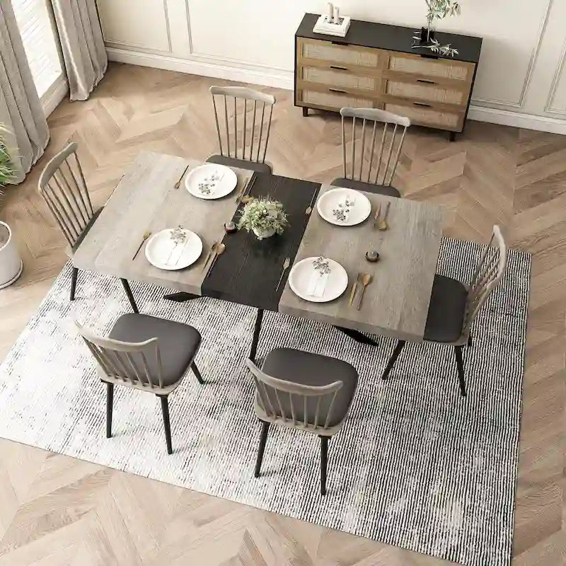 Table à manger rectangulaire extensible en MDF noir marron/gris avec pieds en croix en fer – Pour 4-6 personnes