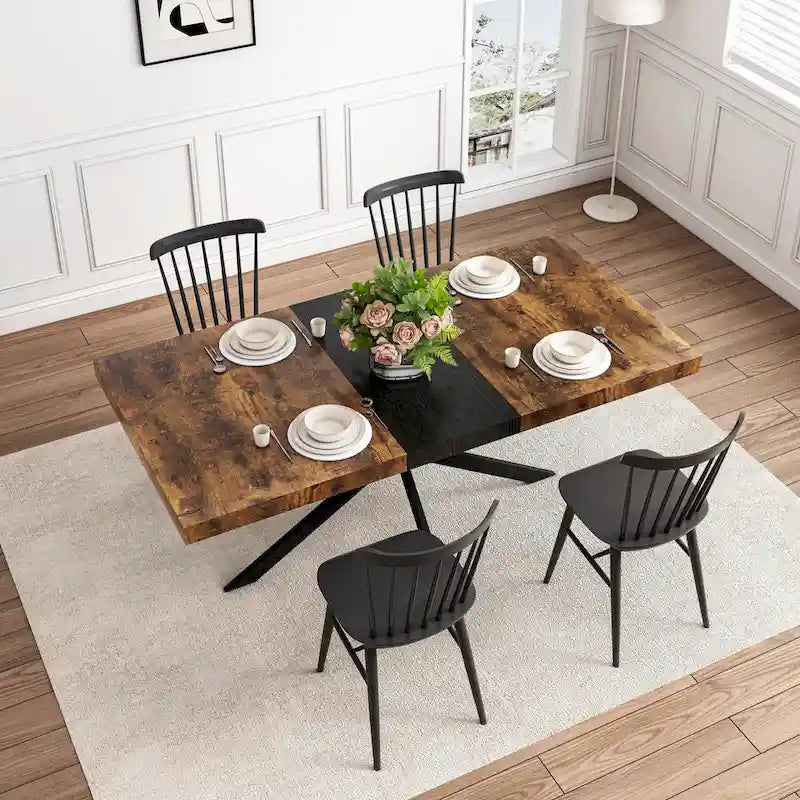 Table à manger rectangulaire extensible en MDF noir marron/gris avec pieds en croix en fer – Pour 4-6 personnes