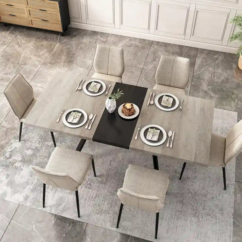 Table à manger rectangulaire extensible en MDF noir marron/gris avec pieds en croix en fer – Pour 4-6 personnes