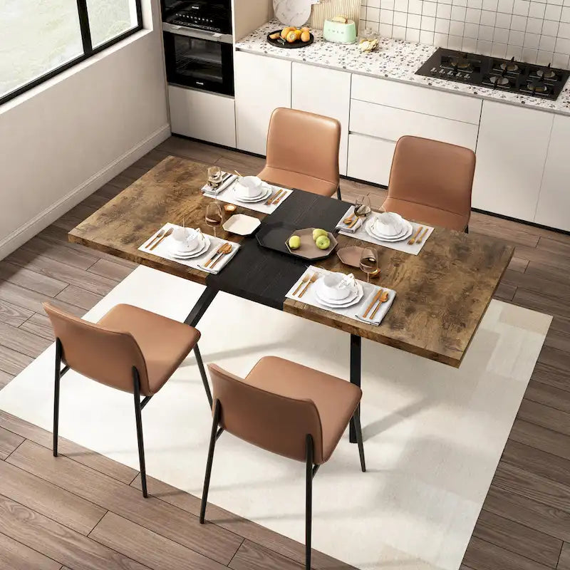 Table à manger rectangulaire extensible en MDF noir marron/gris avec pieds en croix en fer – Pour 4-6 personnes