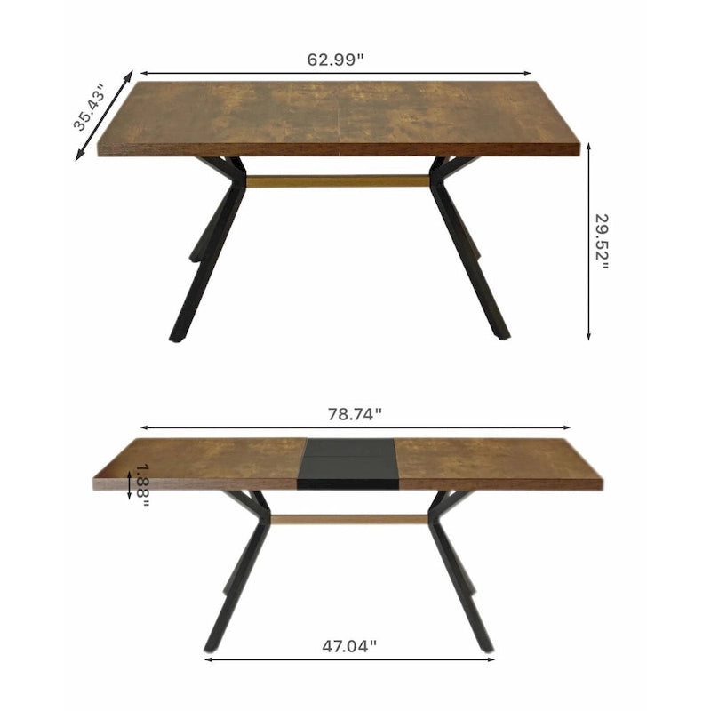Table à manger rectangulaire extensible en MDF noir marron/gris avec pieds en croix en fer – Pour 4-6 personnes