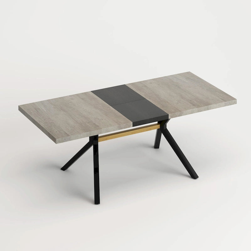 Table à manger rectangulaire extensible en MDF noir marron/gris avec pieds en croix en fer – Pour 4-6 personnes