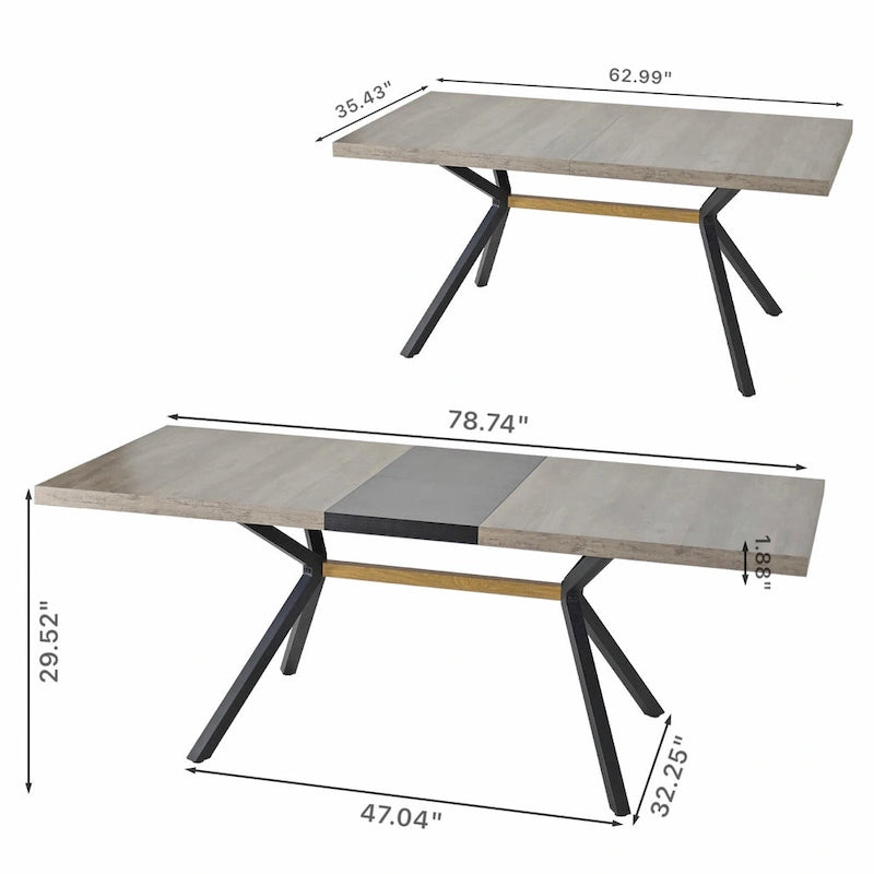 Table à manger rectangulaire extensible en MDF noir marron/gris avec pieds en croix en fer – Pour 4-6 personnes