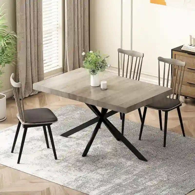 Table à manger rectangulaire extensible en MDF noir marron/gris avec pieds en croix en fer – Pour 4-6 personnes