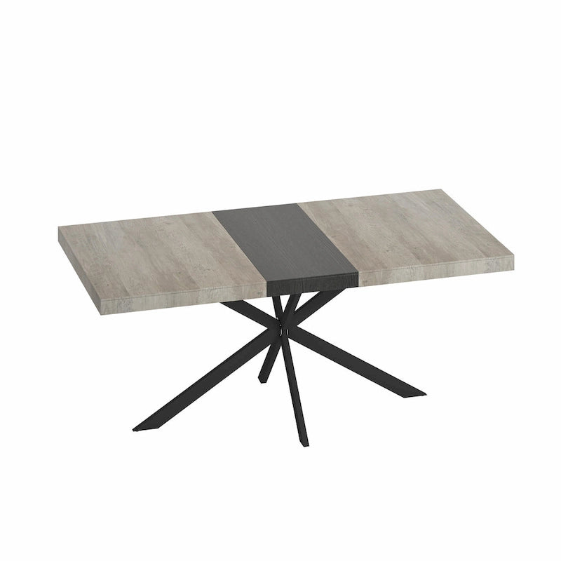 Table à manger rectangulaire extensible en MDF noir marron/gris avec pieds en croix en fer – Pour 4-6 personnes