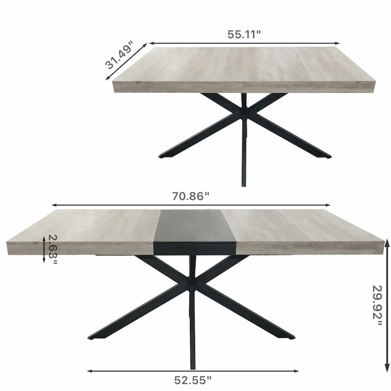 Table à manger rectangulaire extensible en MDF noir marron/gris avec pieds en croix en fer – Pour 4-6 personnes