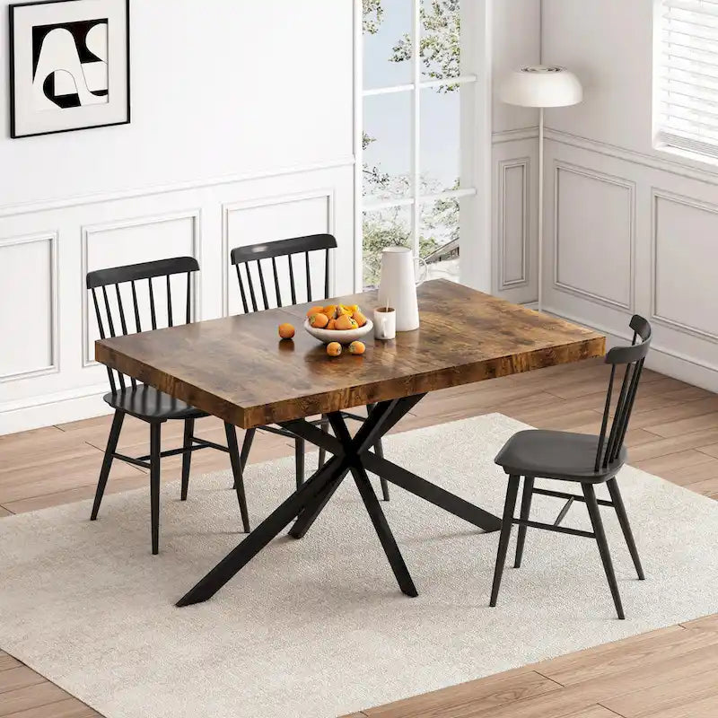 Table à manger rectangulaire extensible en MDF noir marron/gris avec pieds en croix en fer – Pour 4-6 personnes