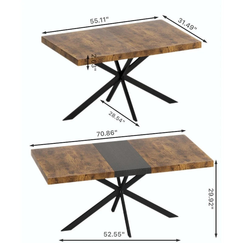 Table à manger rectangulaire extensible en MDF noir marron/gris avec pieds en croix en fer – Pour 4-6 personnes