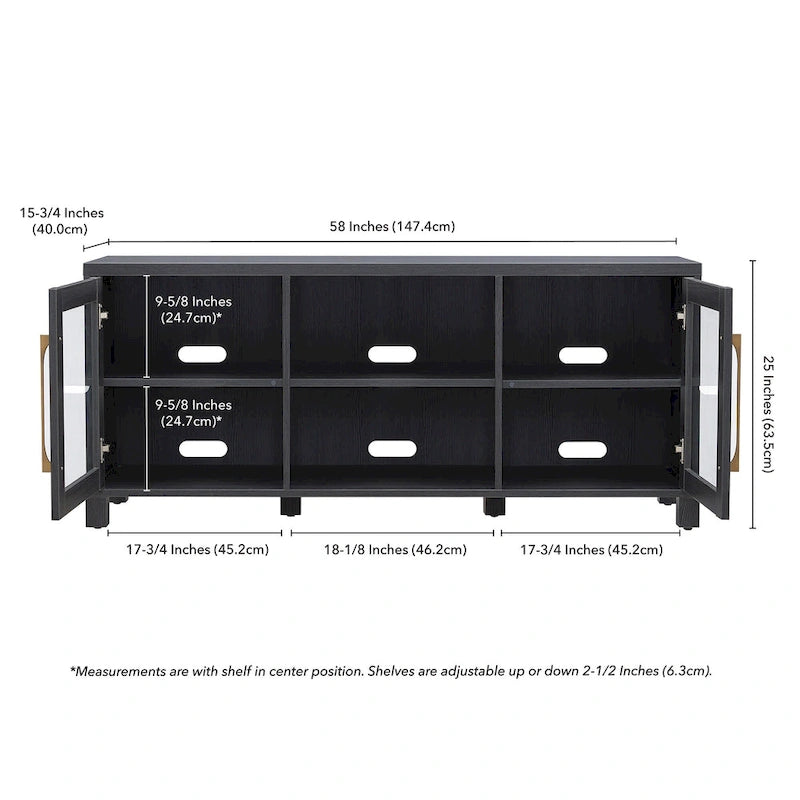 Meuble TV de transition en MDF avec finition grain noir / blanc / gris anthracite / chêne gris / aulne, 2 placards fermés, 6 étagères et quincaillerie en laiton – Convient aux téléviseurs jusqu'à 65 pouces