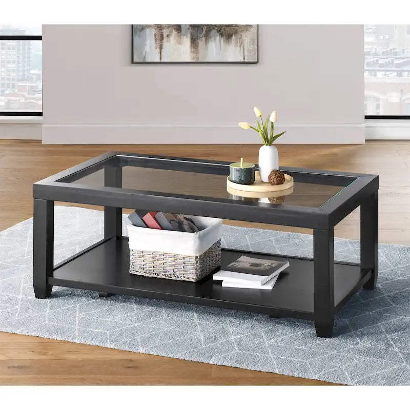 Table basse contemporaine noire/blanche avec plateau en verre trempé, étagère inférieure et roulettes – Unité unique