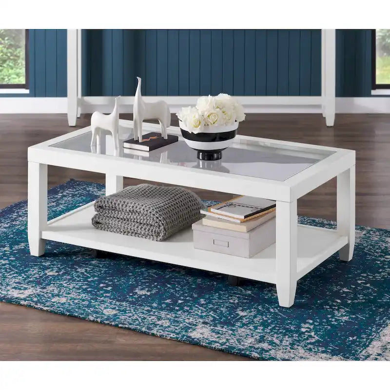 Table basse contemporaine noire/blanche avec plateau en verre trempé, étagère inférieure et roulettes – Unité unique