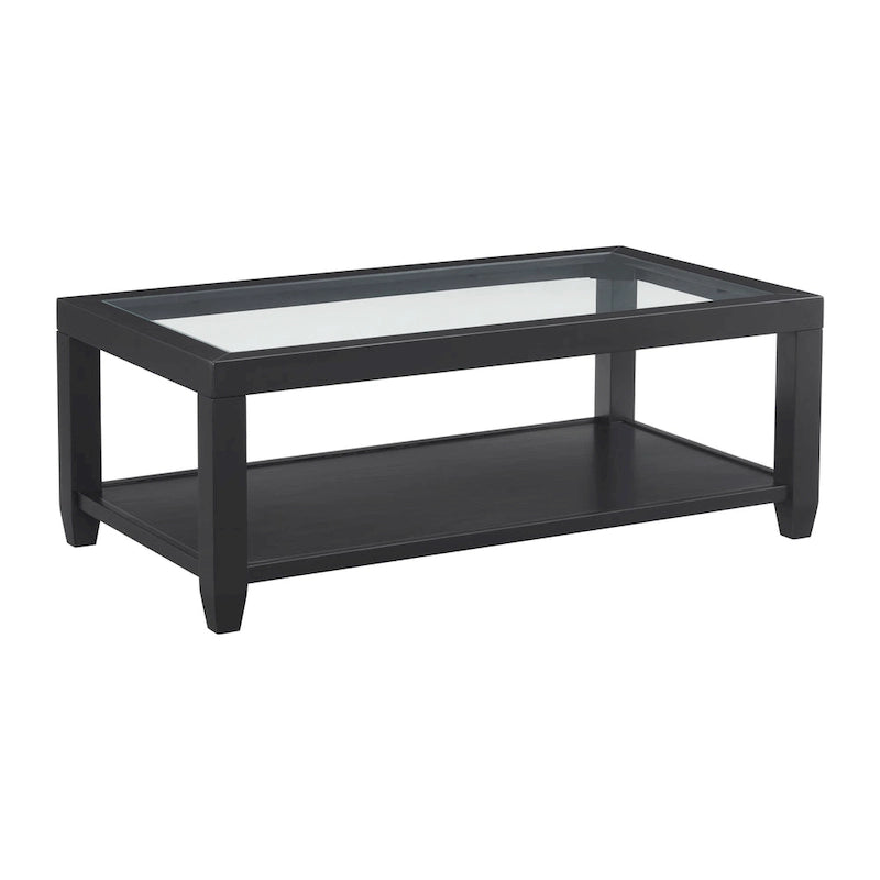 Table basse contemporaine noire/blanche avec plateau en verre trempé, étagère inférieure et roulettes – Unité unique