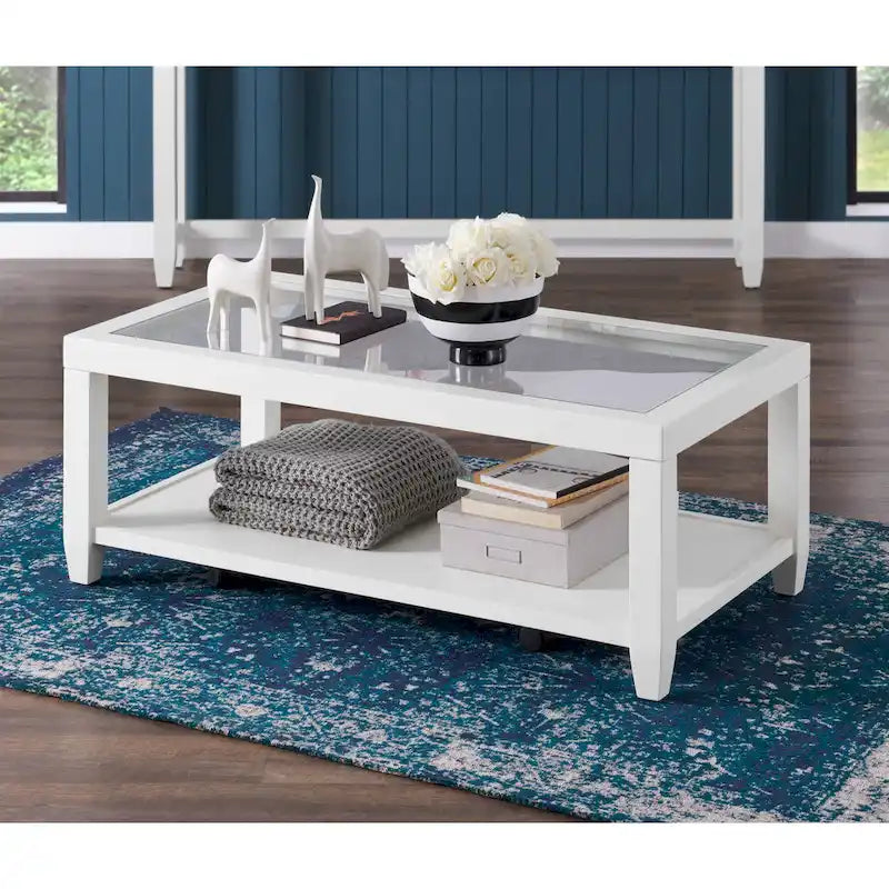 Table basse contemporaine noire/blanche avec plateau en verre trempé, étagère inférieure et roulettes – Unité unique