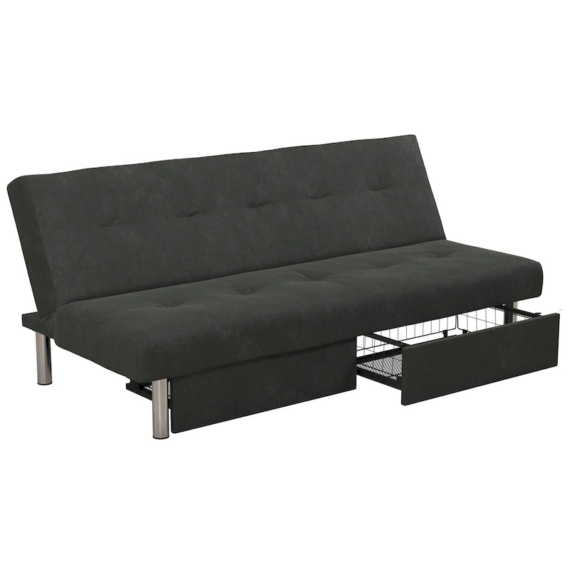 Futon de rangement capitonné en microfibre noir/gris/bleu avec dossier multi-positions et pieds chromés – Peut asseoir 2 à 3 personnes