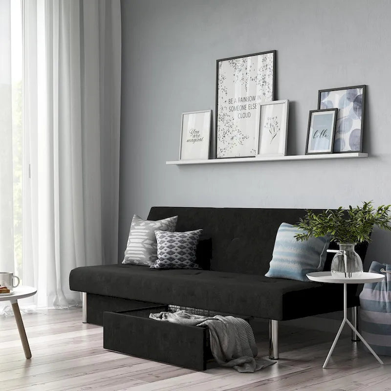 Futon de rangement capitonné en microfibre noir/gris/bleu avec dossier multi-positions et pieds chromés – Peut asseoir 2 à 3 personnes