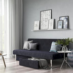 Futon de rangement capitonné en microfibre noir/gris/bleu avec dossier multi-positions et pieds chromés – Peut asseoir 2 à 3 personnes