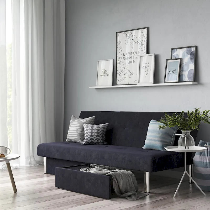 Futon de rangement capitonné en microfibre noir/gris/bleu avec dossier multi-positions et pieds chromés – Peut asseoir 2 à 3 personnes