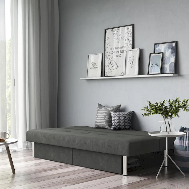 Futon de rangement capitonné en microfibre noir/gris/bleu avec dossier multi-positions et pieds chromés – Peut asseoir 2 à 3 personnes