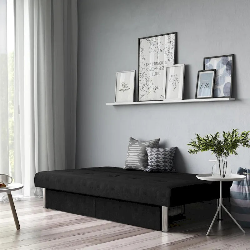 Futon de rangement capitonné en microfibre noir/gris/bleu avec dossier multi-positions et pieds chromés – Peut asseoir 2 à 3 personnes