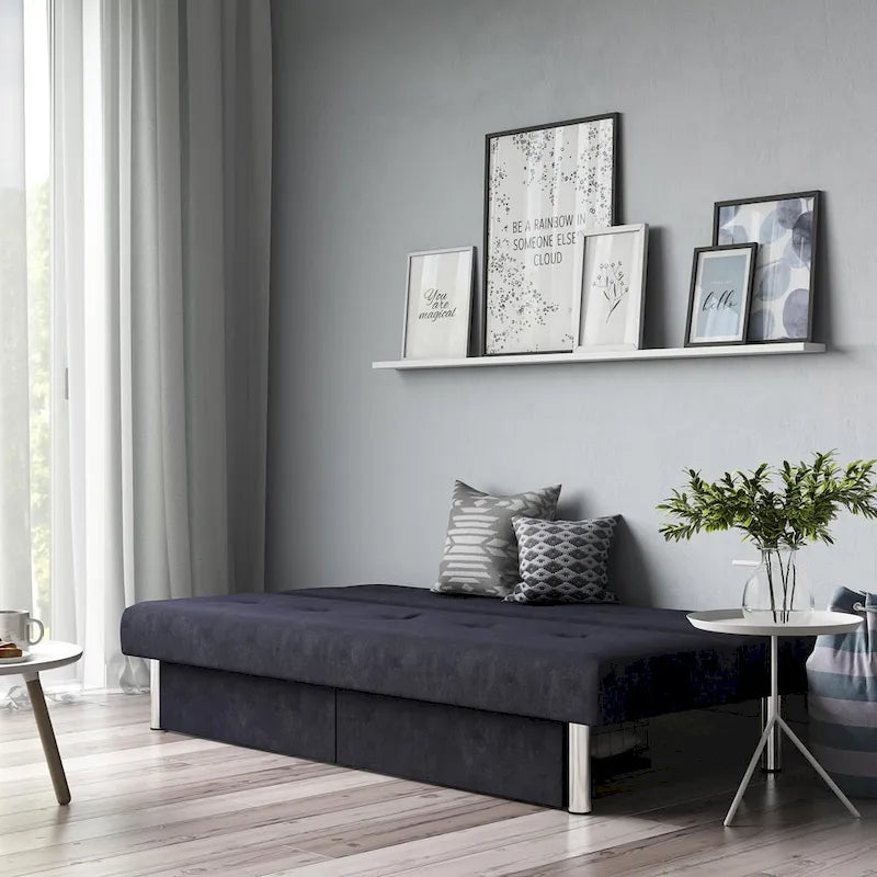 Futon de rangement capitonné en microfibre noir/gris/bleu avec dossier multi-positions et pieds chromés – Peut asseoir 2 à 3 personnes