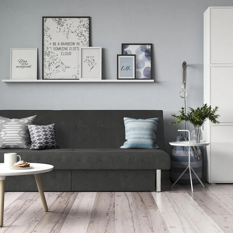 Futon de rangement capitonné en microfibre noir/gris/bleu avec dossier multi-positions et pieds chromés – Peut asseoir 2 à 3 personnes