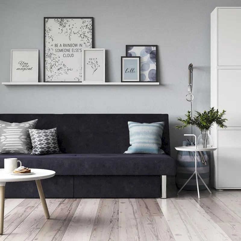 Futon de rangement capitonné en microfibre noir/gris/bleu avec dossier multi-positions et pieds chromés – Peut asseoir 2 à 3 personnes