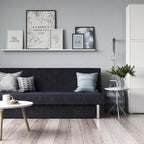 Futon de rangement capitonné en microfibre noir/gris/bleu avec dossier multi-positions et pieds chromés – Peut asseoir 2 à 3 personnes