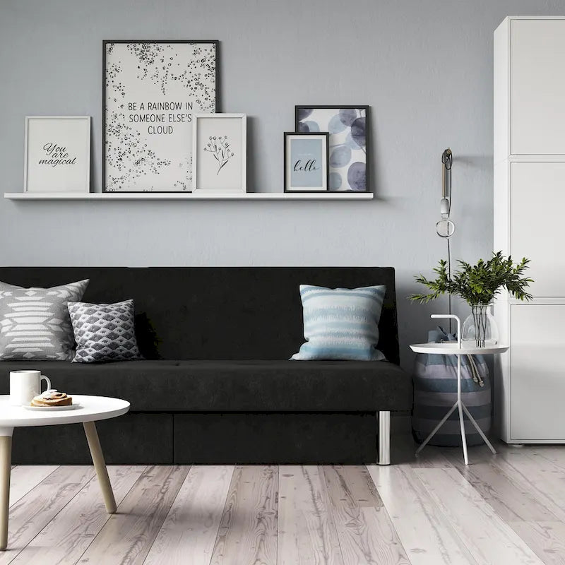 Futon de rangement capitonné en microfibre noir/gris/bleu avec dossier multi-positions et pieds chromés – Peut asseoir 2 à 3 personnes