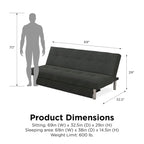 Futon de rangement capitonné en microfibre noir/gris/bleu avec dossier multi-positions et pieds chromés – Peut asseoir 2 à 3 personnes