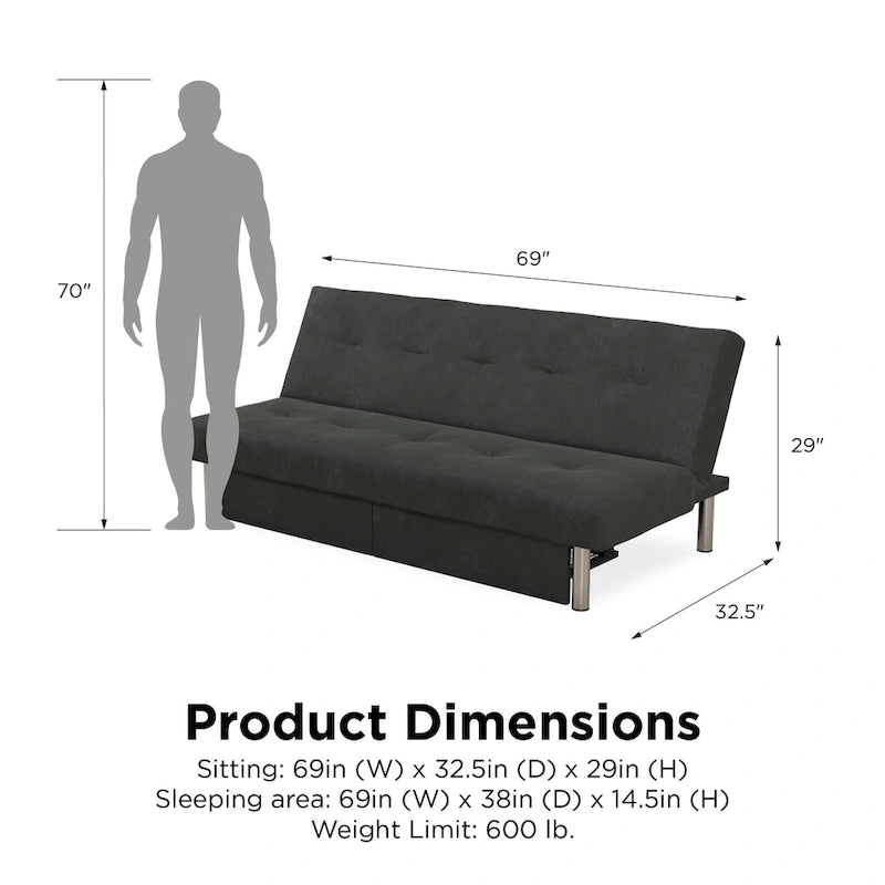 Futon de rangement capitonné en microfibre noir/gris/bleu avec dossier multi-positions et pieds chromés – Peut asseoir 2 à 3 personnes