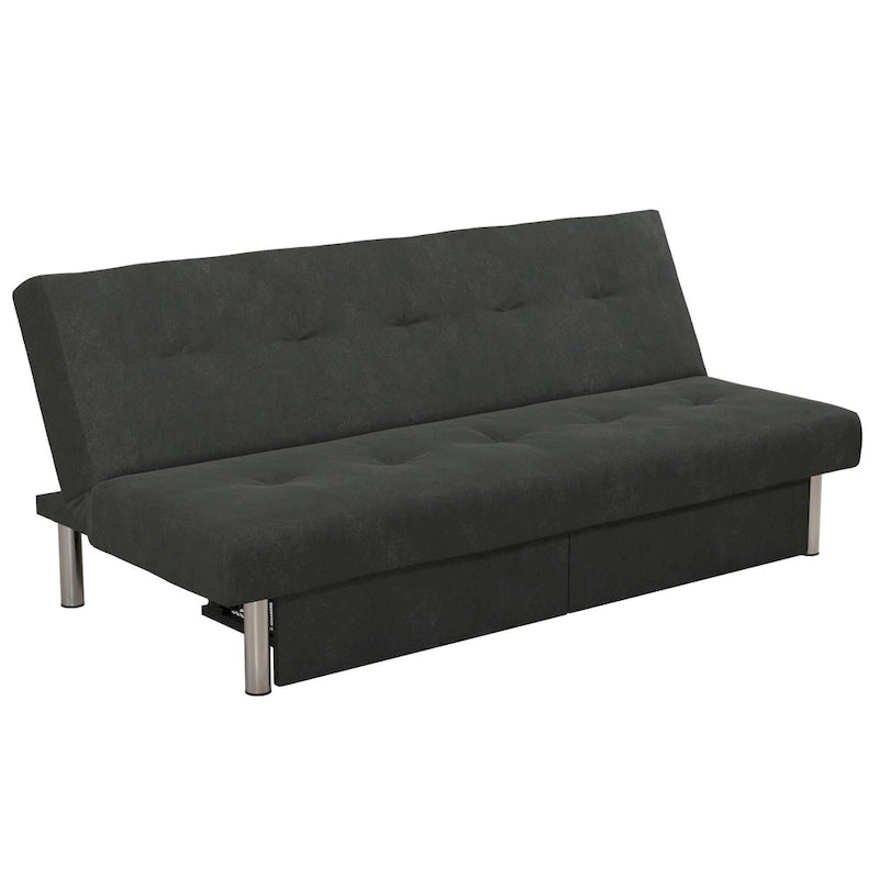 Futon de rangement capitonné en microfibre noir/gris/bleu avec dossier multi-positions et pieds chromés – Peut asseoir 2 à 3 personnes